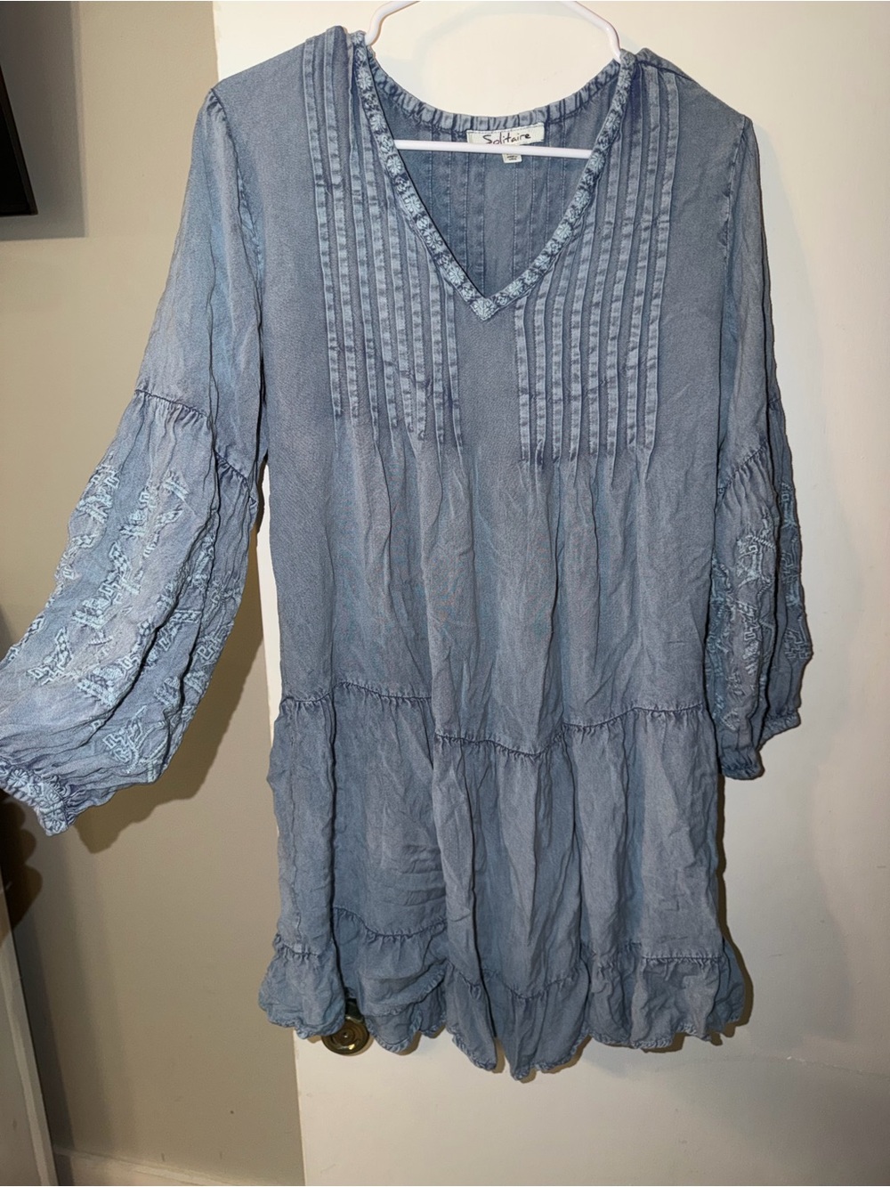 Solitaire Dusty Blue Pintuck V-Neck Tunic